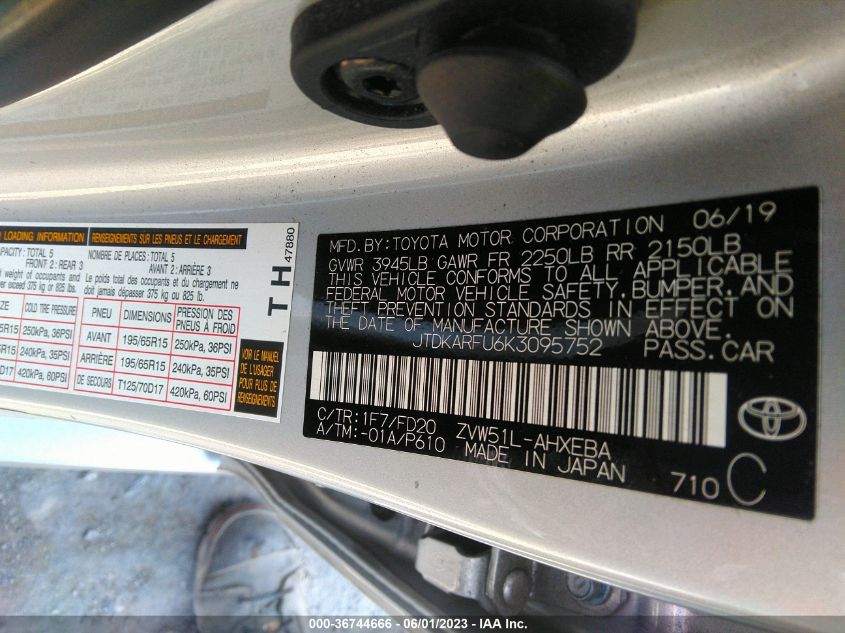 2019 TOYOTA PRIUS L ECO/LE/XLE/LIMITED - JTDKARFU6K3095752