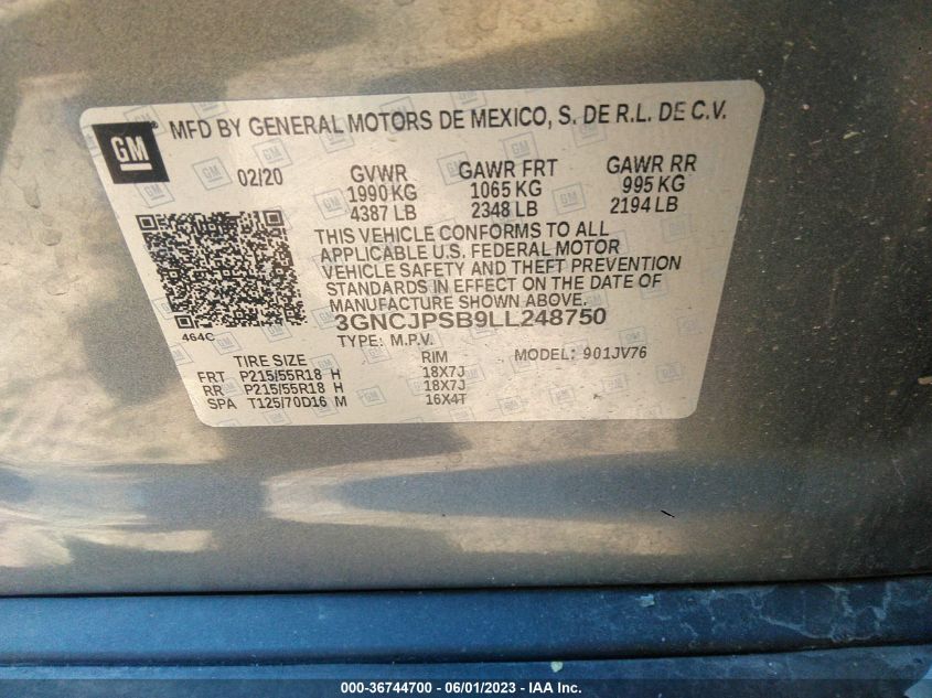 2020 CHEVROLET TRAX LT - 3GNCJPSB9LL248750