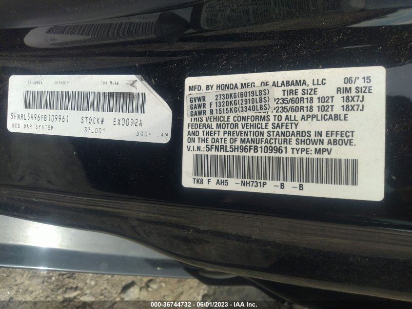 5FNRL5H96FB109961 2015 HONDA ODYSSEY, photo no. 9