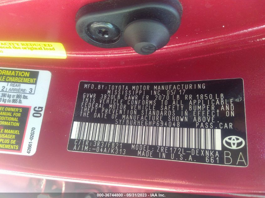 2017 TOYOTA COROLLA L/LE/XLE/SE - 5YFBURHE6HP694048