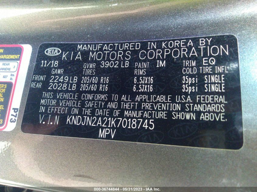 2019 KIA SOUL BASE - KNDJN2A21K7018745