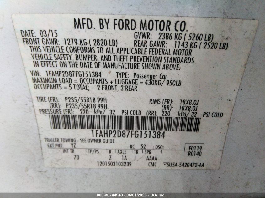 2015 FORD TAURUS SE - 1FAHP2D87FG151384