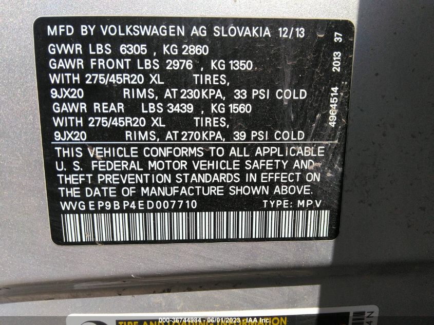 2014 VOLKSWAGEN TOUAREG EXEC - WVGEP9BP4ED007710