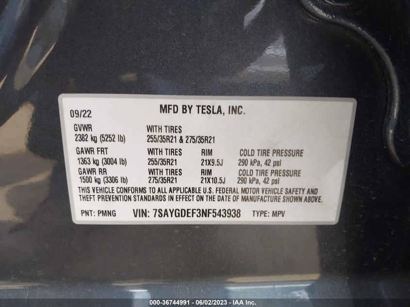 VIN 7SAYGDEF3NF543938 2022 TESLA MODEL Y PERFORMANCE