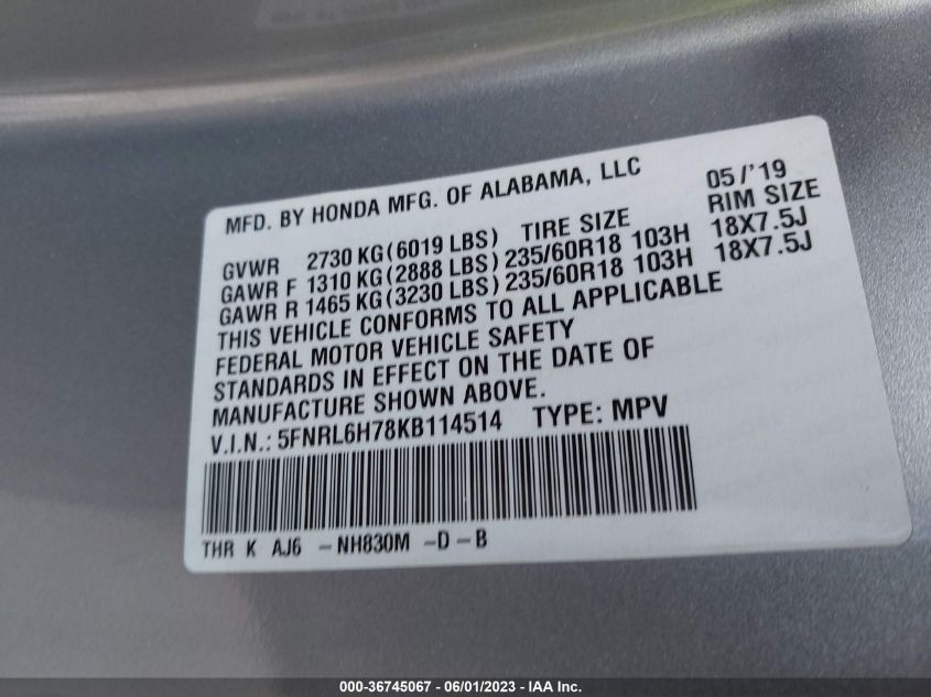 2019 HONDA ODYSSEY EX-L - 5FNRL6H78KB114514