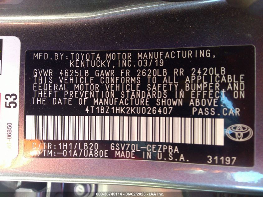 2019 TOYOTA CAMRY V6 - 4T1BZ1HK2KU026407