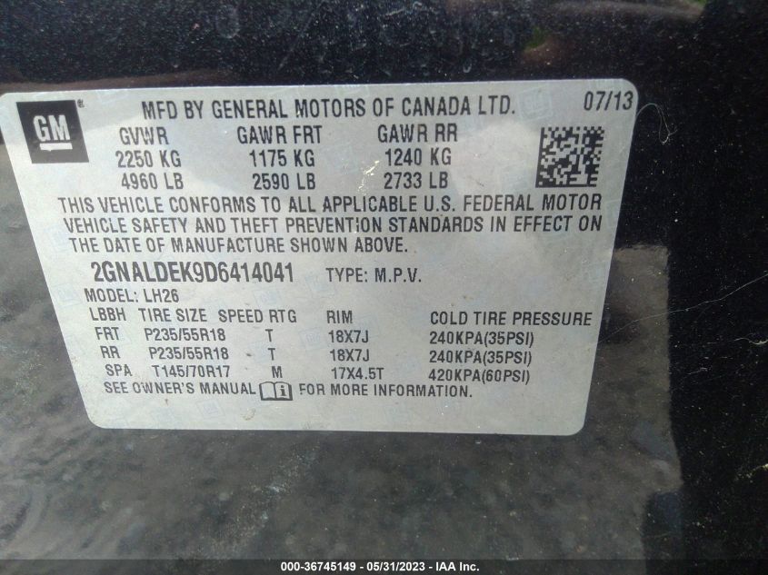 2013 CHEVROLET EQUINOX LT - 2GNALDEK9D6414041