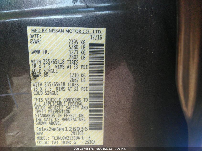 2017 NISSAN MURANO SV - 5N1AZ2MH5HN126936