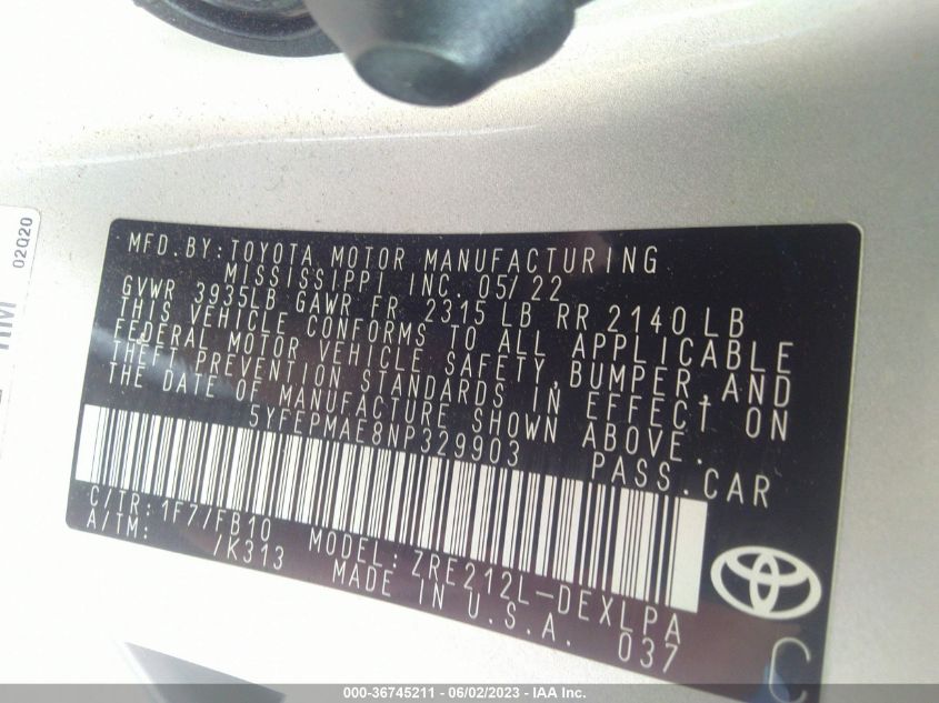 2022 TOYOTA COROLLA LE - 5YFEPMAE8NP329903