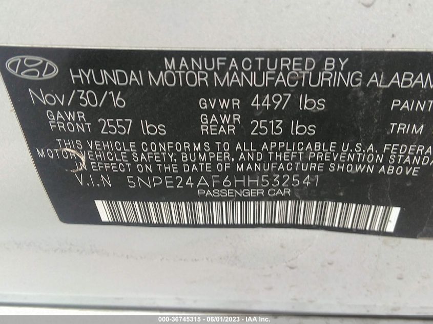 2017 HYUNDAI SONATA 2.4L - 5NPE24AF6HH532541