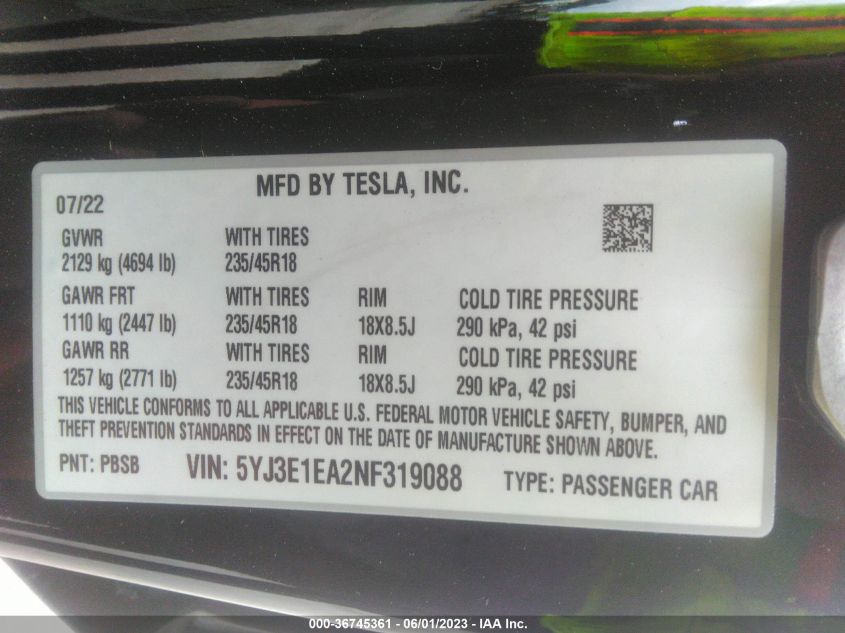 2022 TESLA MODEL 3 - 5YJ3E1EA2NF319088