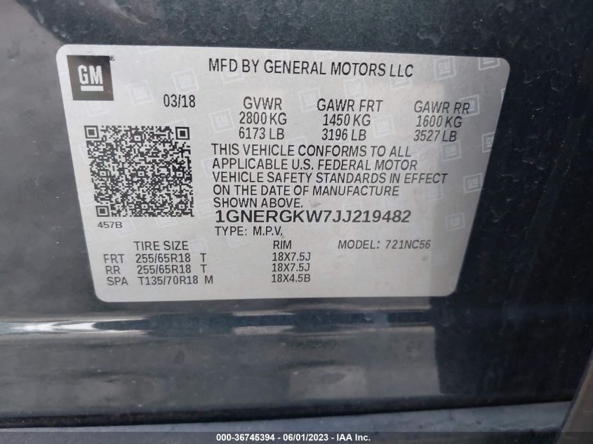 2018 CHEVROLET TRAVERSE LT CLOTH - 1GNERGKW7JJ219482