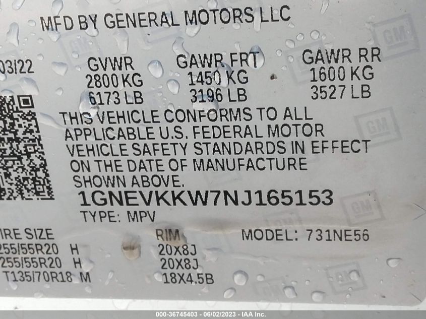2022 CHEVROLET TRAVERSE PREMIER - 1GNEVKKW7NJ165153
