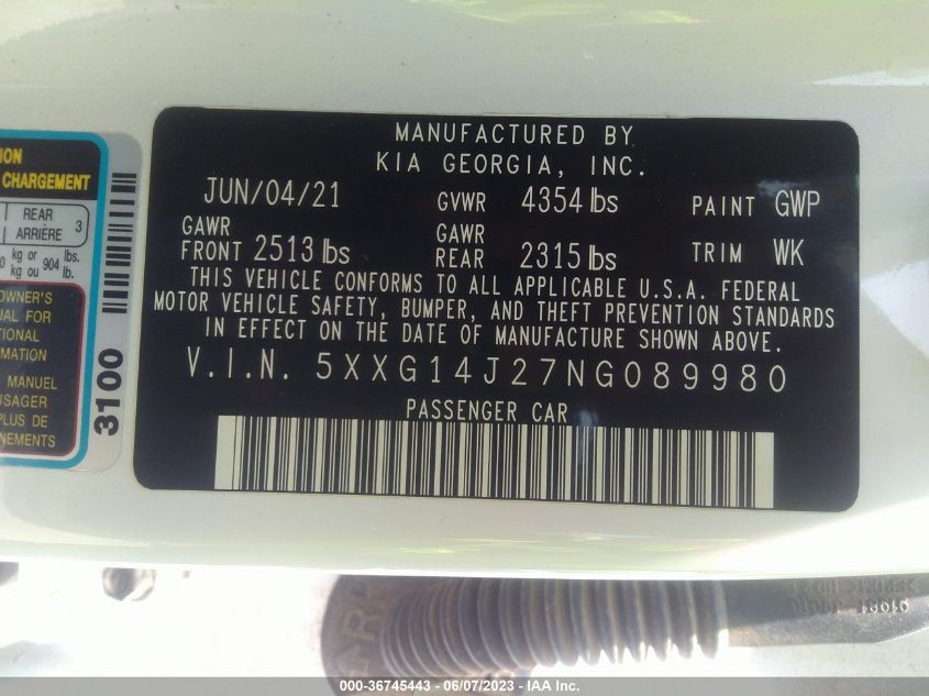 2022 KIA K5 LXS - 5XXG14J27NG089980