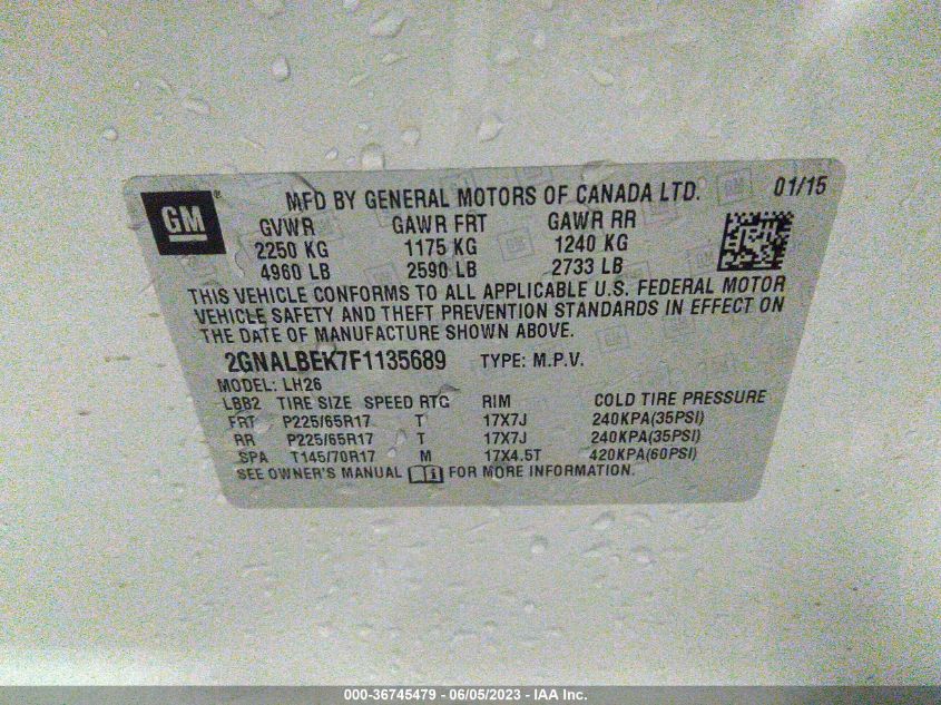 2015 CHEVROLET EQUINOX LT - 2GNALBEK7F1135689