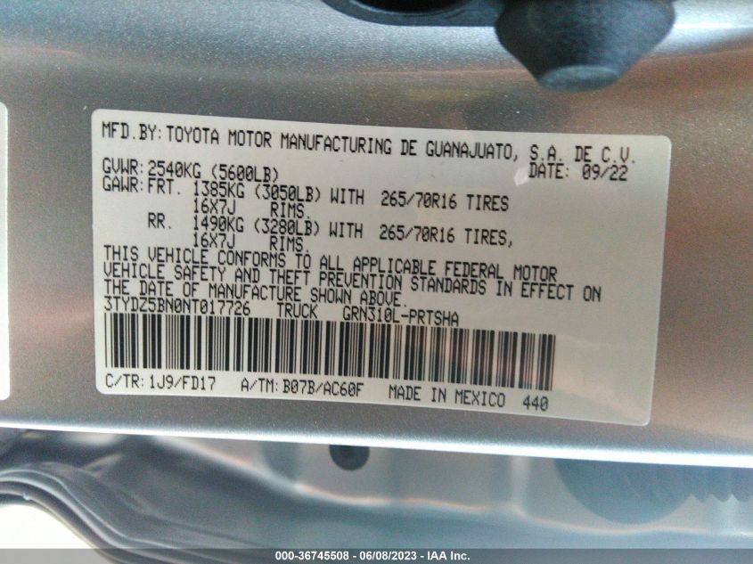 2022 TOYOTA TACOMA TRD OFF ROAD - 3TYDZ5BN0NT017726