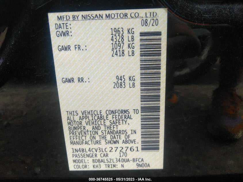VIN 1N4BL4CV3LC272761 2020 NISSAN ALTIMA 2.5 SR