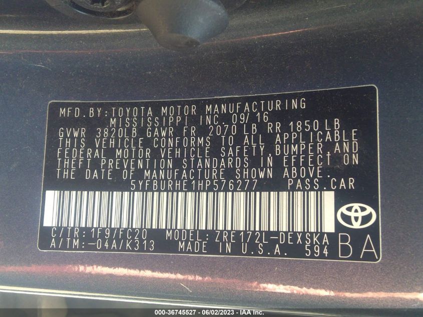 2017 TOYOTA COROLLA L/LE/XLE/SE - 5YFBURHE1HP576277