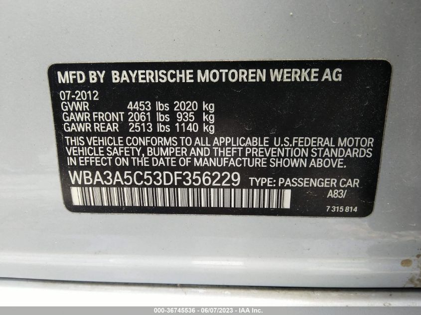 2013 BMW 3 SERIES 328I - WBA3A5C53DF356229