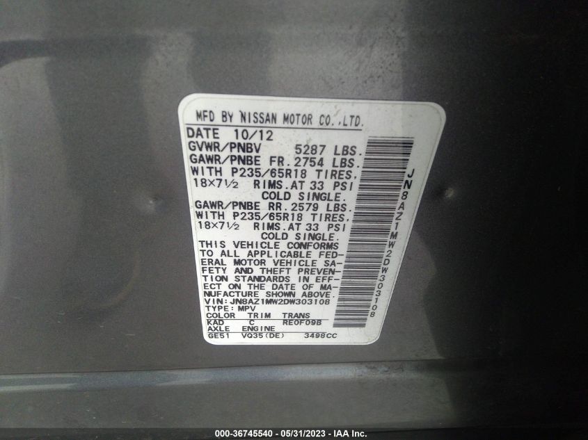 2013 NISSAN MURANO SL - JN8AZ1MW2DW303108