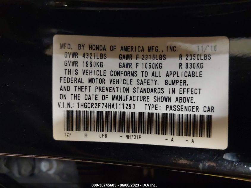 2017 HONDA ACCORD SEDAN EX - 1HGCR2F74HA111290