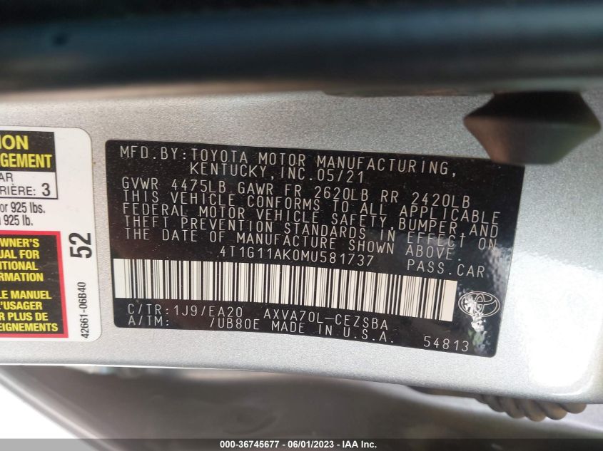 2021 TOYOTA CAMRY SE - 4T1G11AK0MU581737