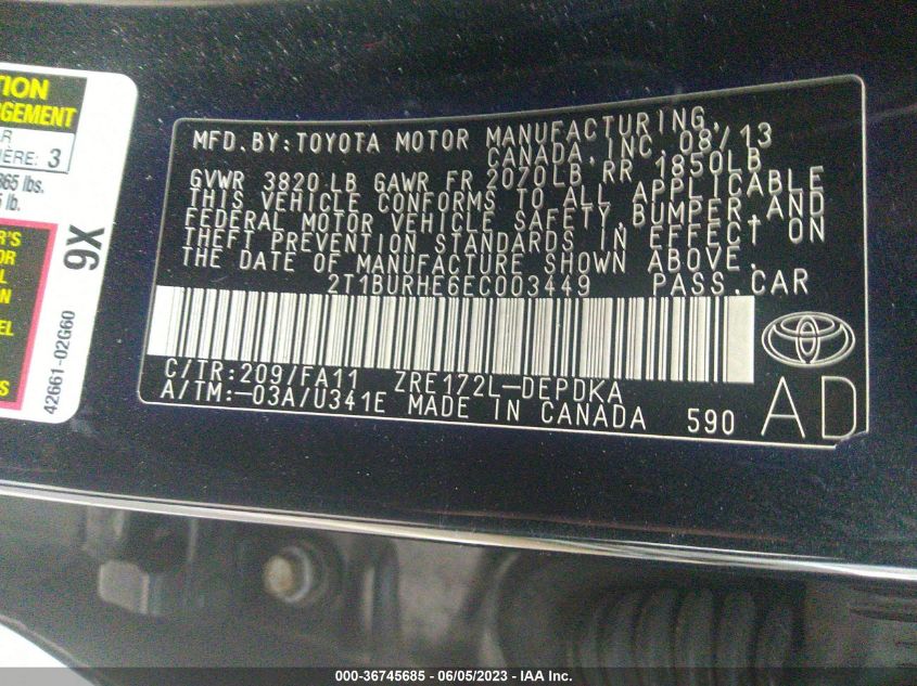 2014 TOYOTA COROLLA L/LE/S/S PLUS/LE PLUS - 2T1BURHE6EC003449