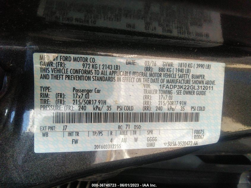 2016 FORD FOCUS SE - 1FADP3K22GL312011