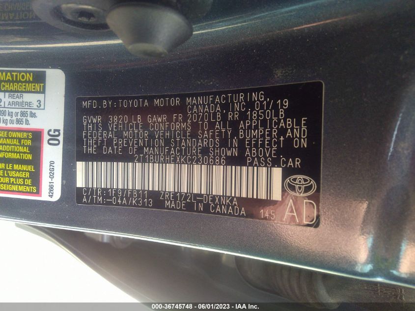 2019 TOYOTA COROLLA L/LE/SE/XLE/XSE - 2T1BURHEXKC230686