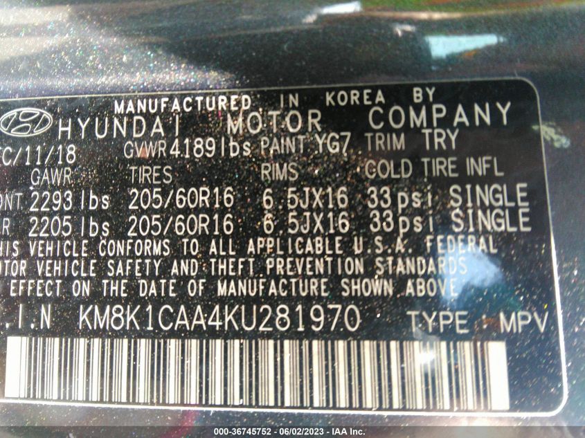2019 HYUNDAI KONA SE - KM8K1CAA4KU281970
