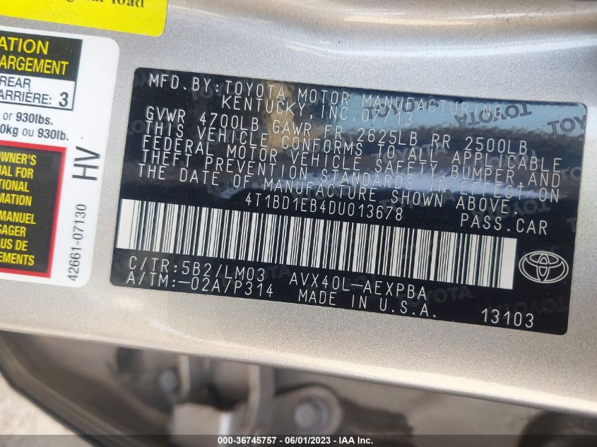 2013 TOYOTA AVALON HYBRID LIMITED 4T1BD1EB4DU013678
