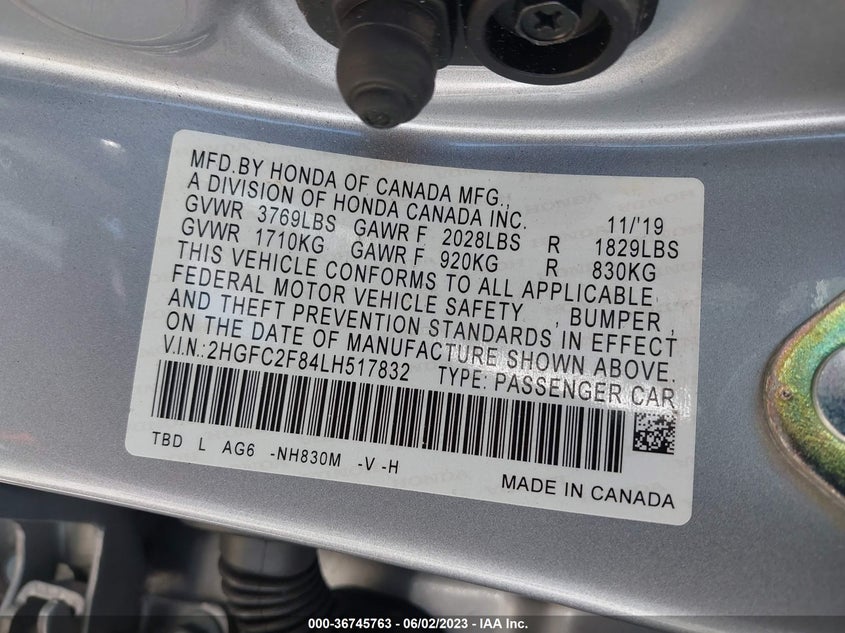 VIN 2HGFC2F84LH517832 2020 HONDA CIVIC SEDAN SPORT