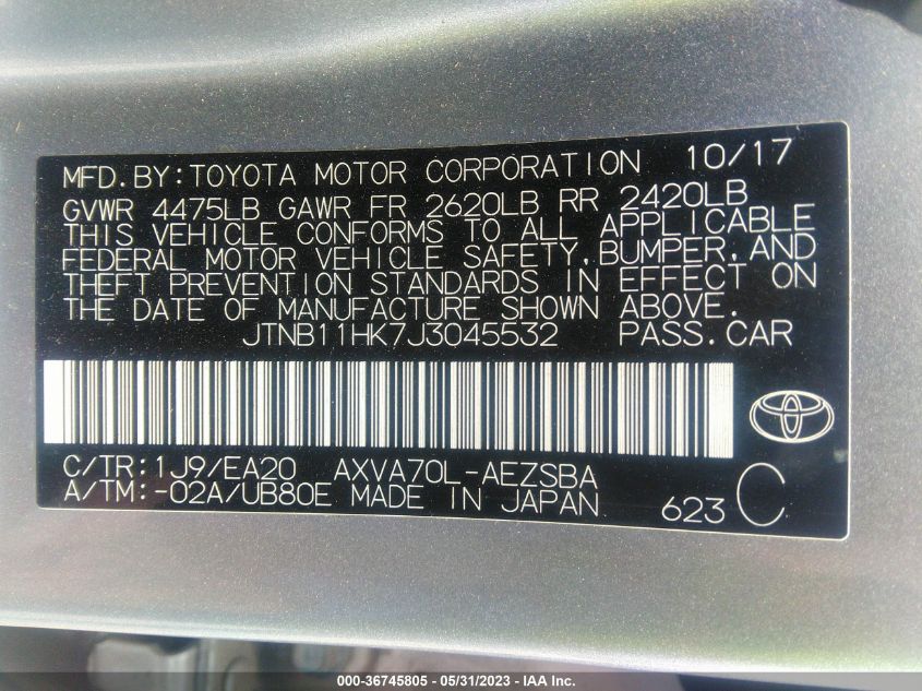 2018 TOYOTA CAMRY LE/SE/XLE/L - JTNB11HK7J3045532