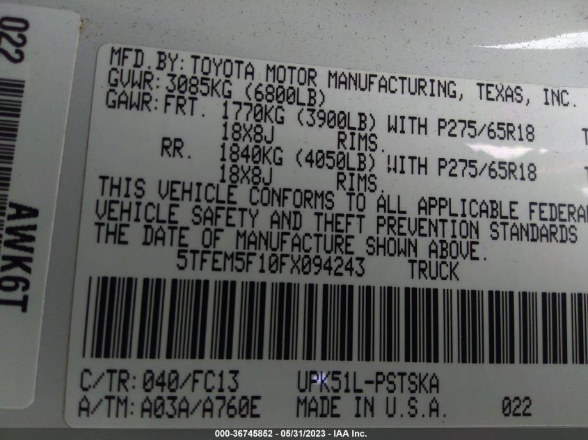 2015 TOYOTA TUNDRA 2WD TRUCK SR5 - 5TFEM5F10FX094243