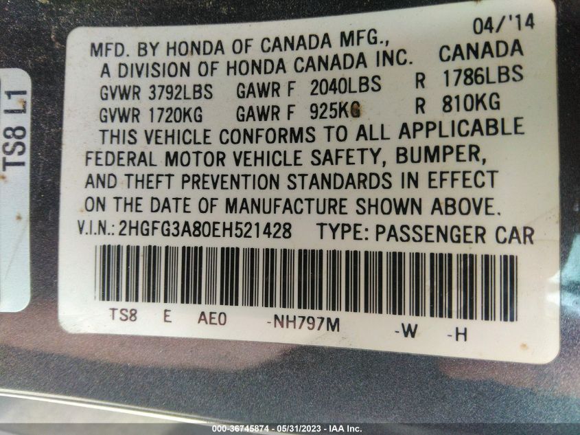 2014 HONDA CIVIC COUPE EX - 2HGFG3A80EH521428
