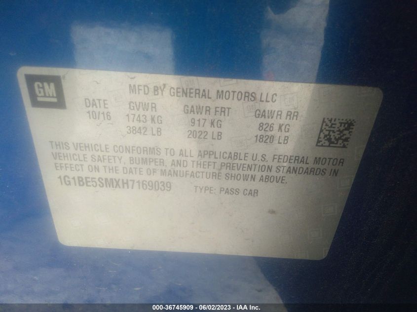 2017 CHEVROLET CRUZE LT - 1G1BE5SMXH7169039