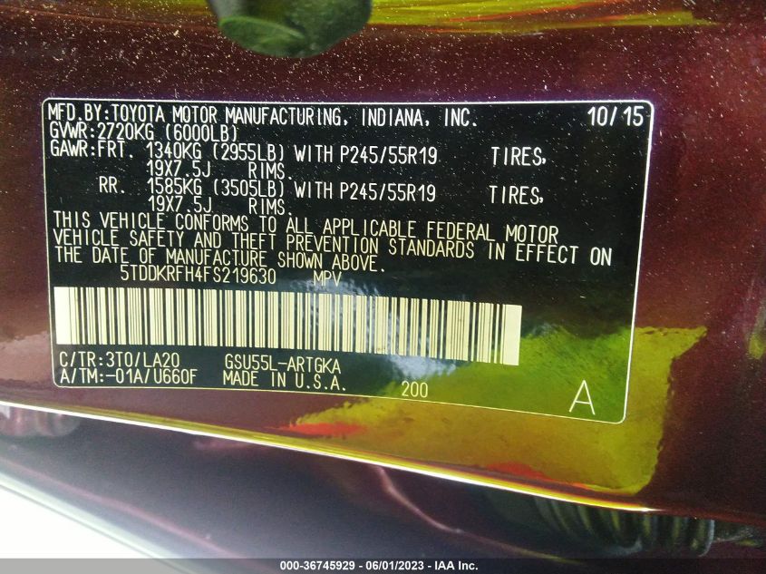 2015 TOYOTA HIGHLANDER LIMITED - 5TDDKRFH4FS219630