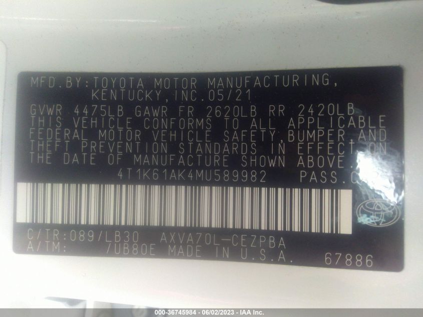 2021 TOYOTA CAMRY XSE - 4T1K61AK4MU589982