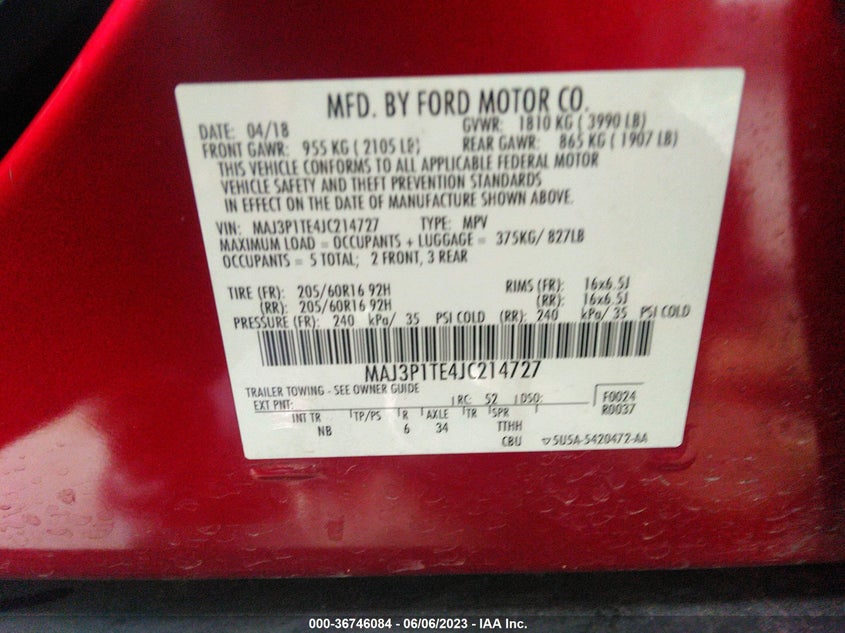 VIN MAJ3P1TE4JC214727 2018 FORD ECOSPORT SE