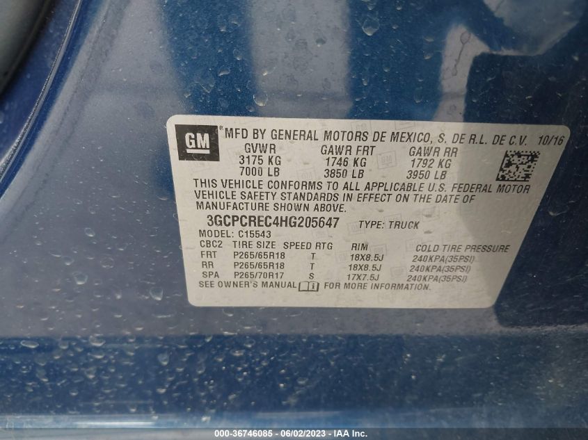 2017 CHEVROLET SILVERADO 1500 LT - 3GCPCREC4HG205647