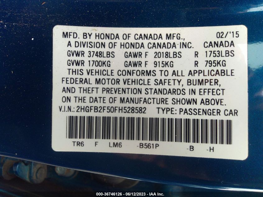 2015 HONDA CIVIC SEDAN LX - 2HGFB2F50FH528582