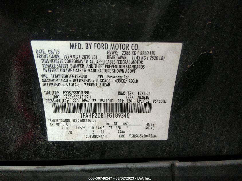 2015 FORD TAURUS SE - 1FAHP2D81FG189340