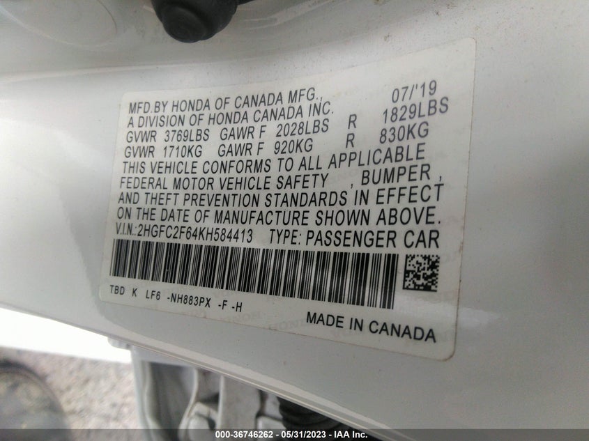 VIN 2HGFC2F64KH584413 2019 HONDA CIVIC SEDAN LX