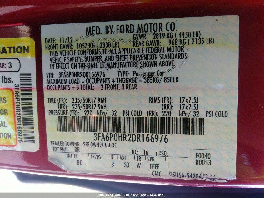 2013 FORD FUSION SE - 3FA6P0HR2DR166976