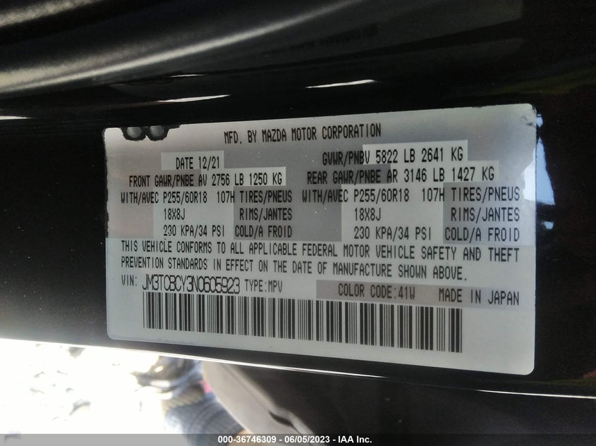 VIN: JM3TCBCY3N0605923 2022 MAZDA CX-9 TOURING