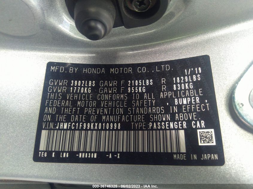 2019 HONDA CIVIC SEDAN TOURING - JHMFC1F99KX010998