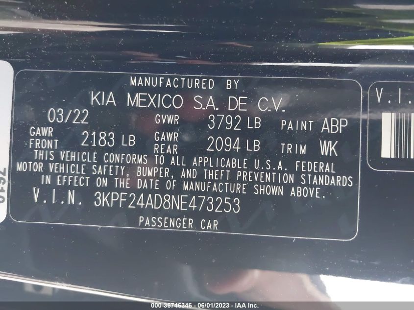 2022 KIA FORTE LXS - 3KPF24AD8NE473253