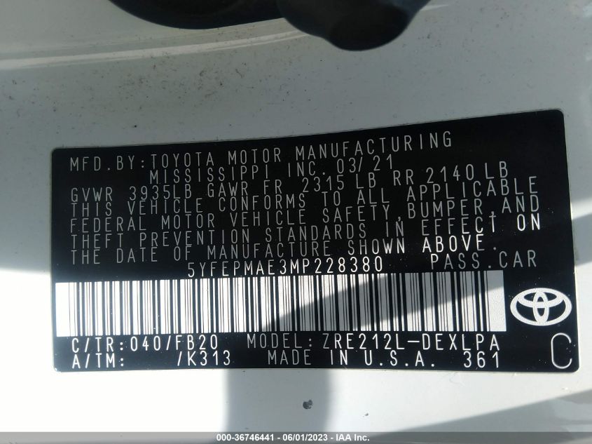 2021 TOYOTA COROLLA LE - 5YFEPMAE3MP228380