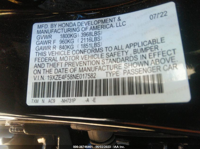 2022 HONDA INSIGHT EX 19XZE4F58NE017582