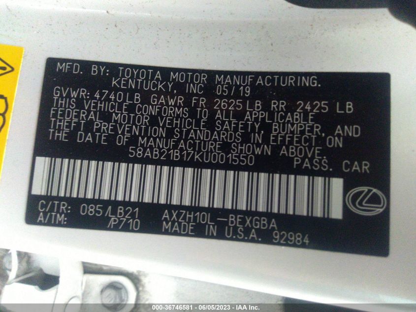 2019 LEXUS ES ES 300H - 58AB21B17KU001550